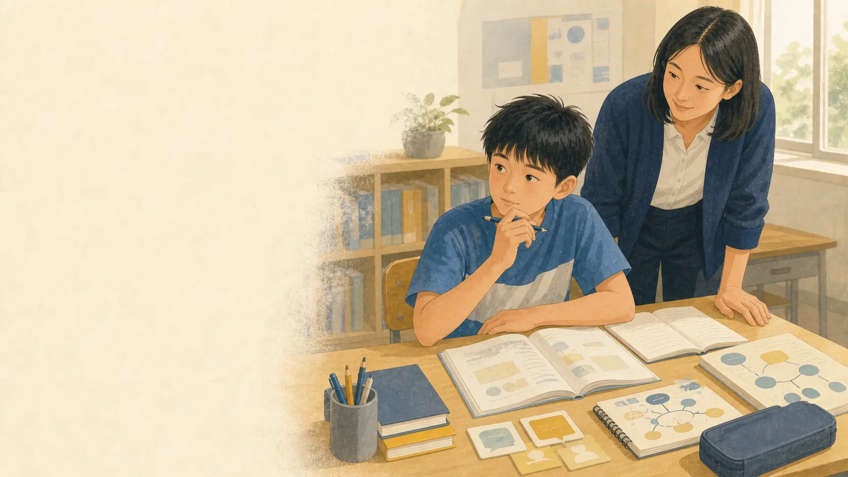 虛構學生小安面對長篇閱讀與書寫任務，教師在旁觀察。
