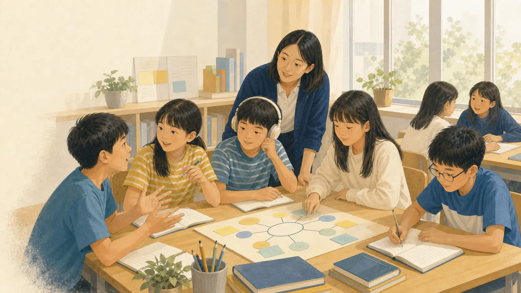 學生透過討論、聆聽、圖像組織與書寫參與同一堂課。