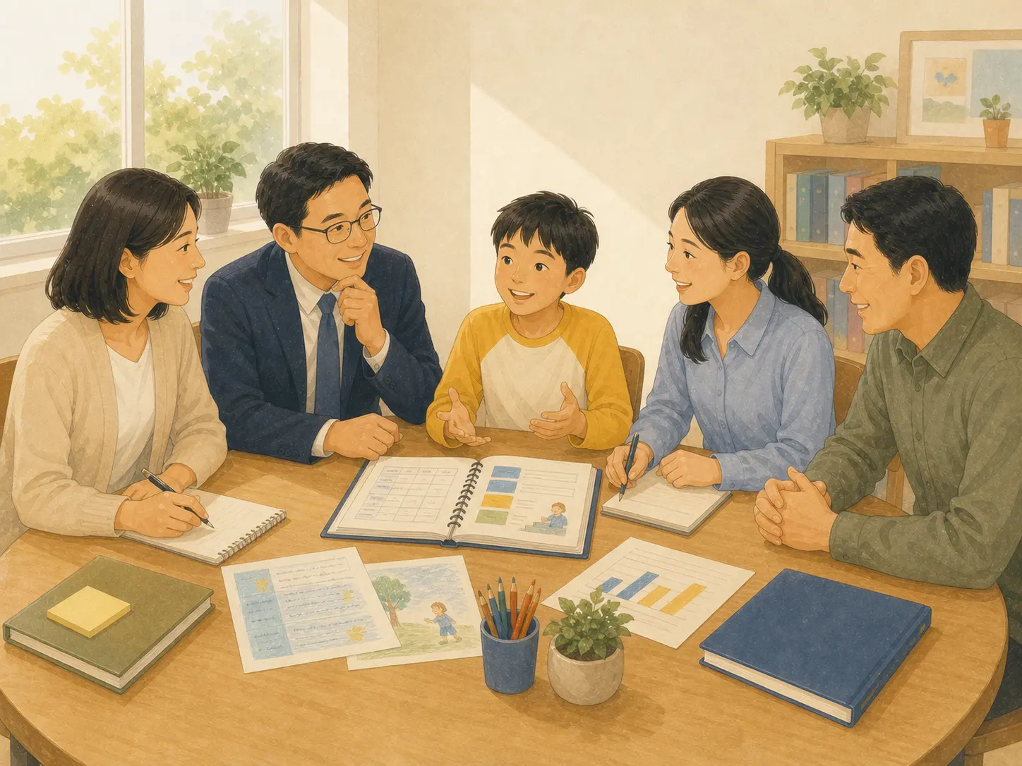 學生與普通班教師、特教教師、行政及家長共同檢視學習資料並討論支持方案。