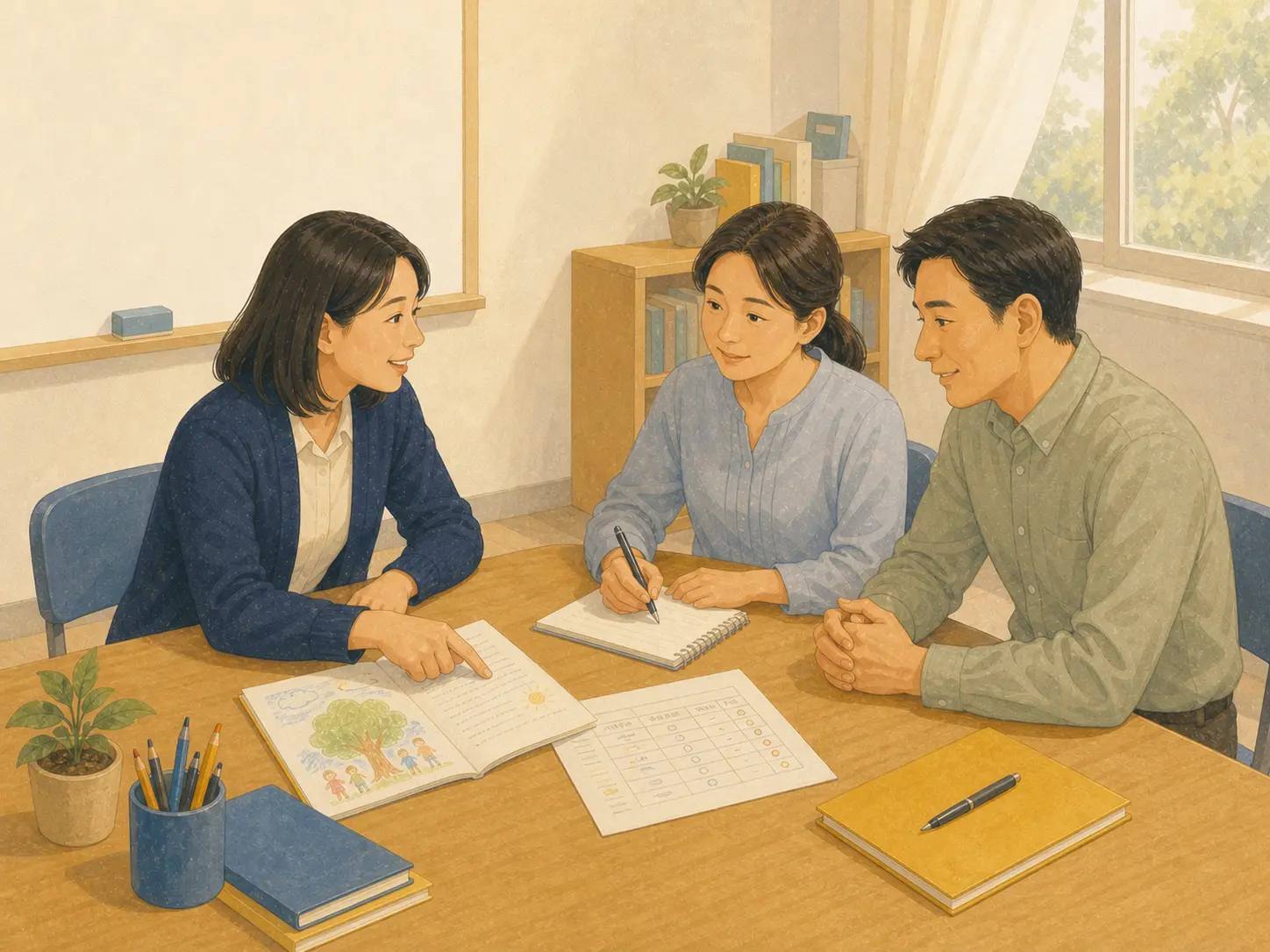 教師與家長檢視學生作品和觀察紀錄，進行具體而合作的親師對話。